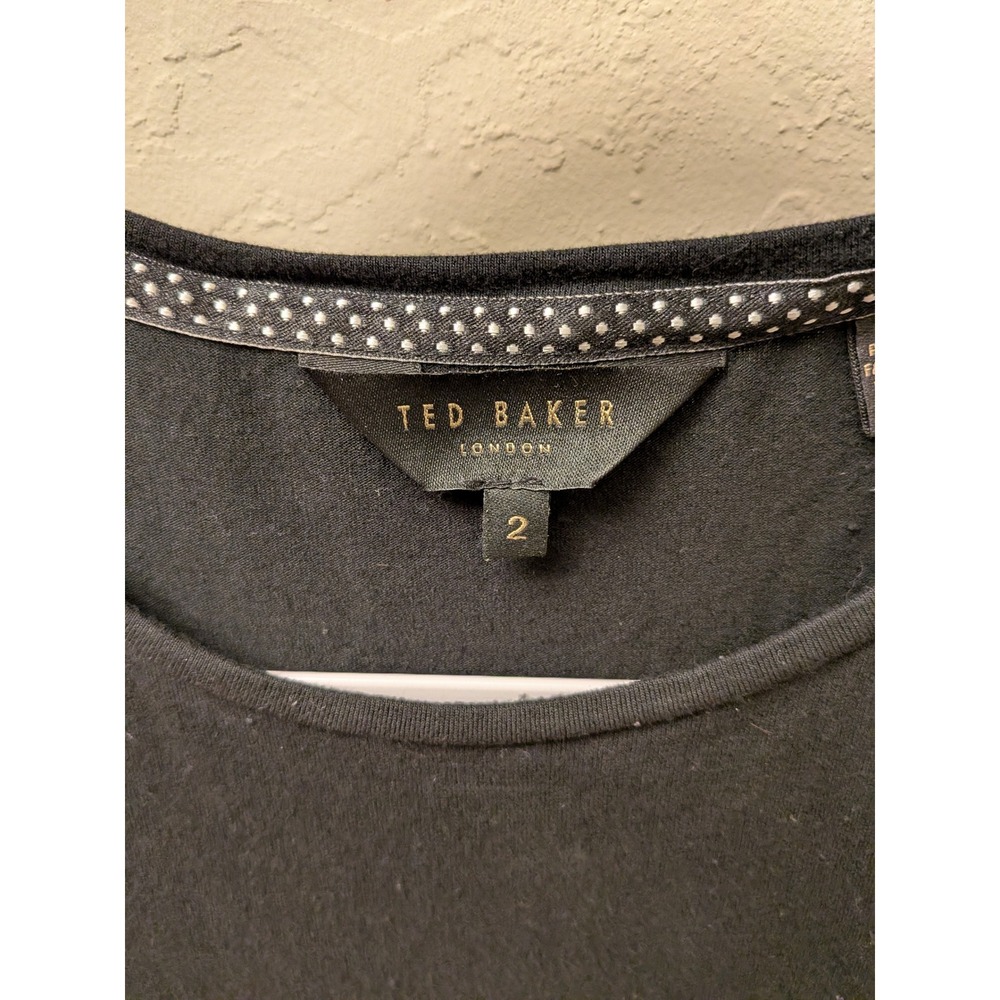 Ted Baker London Black Short Sleeve Crew Neck T Shirt Womens Size 2 Bow Detail - Picture 2 of 4